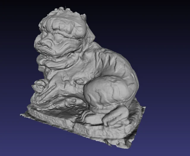Grayscale three-dimensional reconstruction of a dragon sculpture against a dark indigo background.